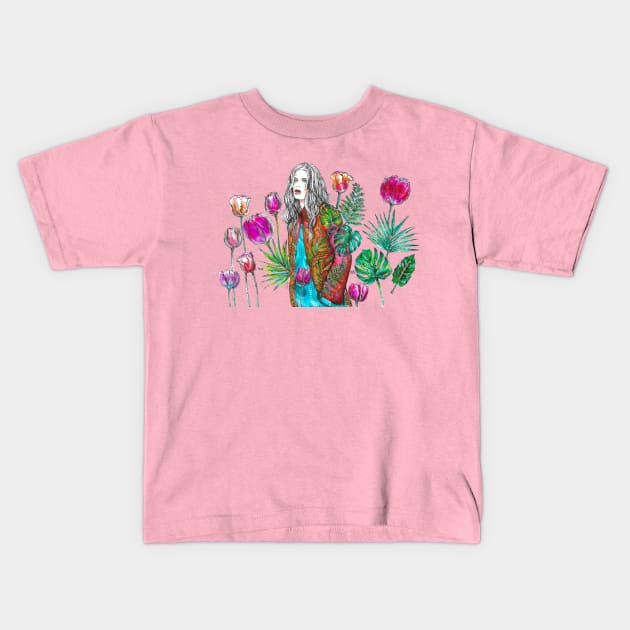 Fashion Illustration - Woman and Tulips. Kids T-Shirt by FanitsaArt